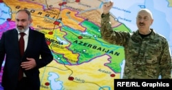 Mapa južnog Kavkaza u pozadini premijera Jermenije Nikola Pašinijana i predsednika Azerbejdžana Ilhama Alijeva (grafika)