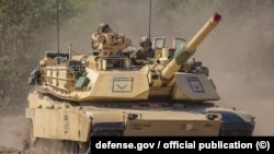 Амэрыканскі танк Abrams на вучэньнях у Польшчы, травень 2023 году