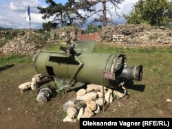 The remains of a Tochka-U missile, which the Russian military used on a Ukrainian city. The wreckage, along with other Russian weapons used in Ukraine, is on display in the courtyard of the Uzhhorod castle.