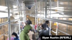 A Hikvision camera on the ceiling of a tram in Sofia
