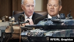 Predsednik SAD Džo Bajden, nemački kancelar Olaf Šolc i tenkovi Abrams M2 i Leopard 2A6, kolažna fotografija.
