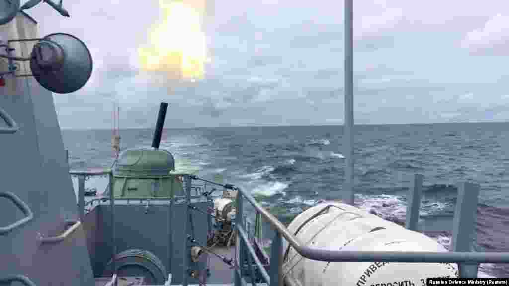 A warship of the Russian Navy during artillery fire drills in the Baltic Sea on January 27.&nbsp;