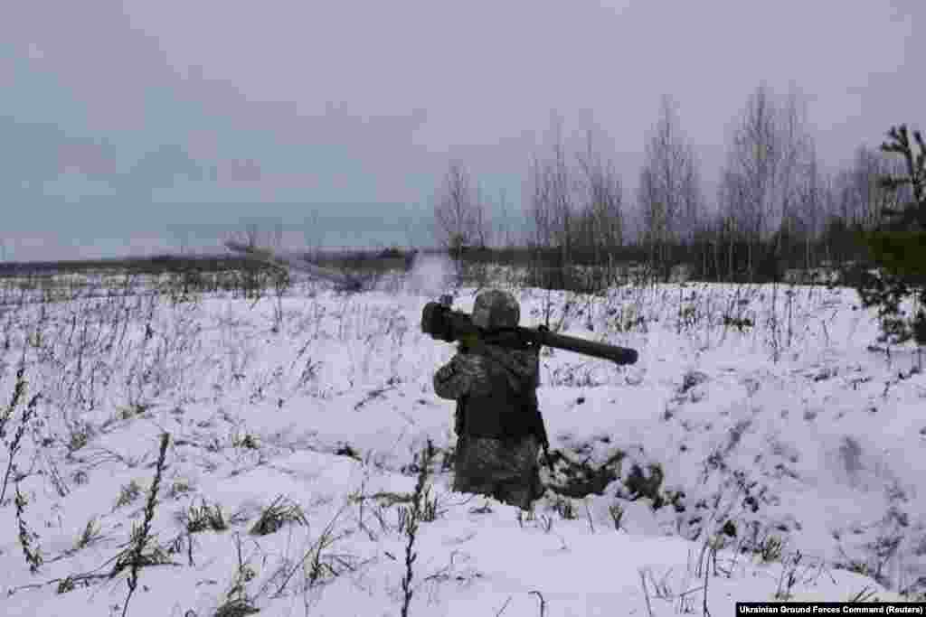 A Ukrainian serviceman releases a shoulder-fired missile during drills in Ukraine&#39;s Volyn Region on January 26.&nbsp;