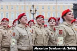 Female military cadets rehearse for the May 9 Victory Day parade on April 26, 2022.