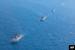 Кадр з відео, опублікованому Міноборони Росії 12 вересня 2024 року: російські військові кораблі під час військових навчань «Океан-2024» у Середземному морі поблизу Тартуса, Сирія.