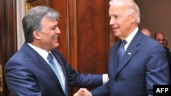 Turkish President Abdullah Gul (left) receives U.S. Vice President Joe Biden at the Presidential Palace in Ankara on December 2.