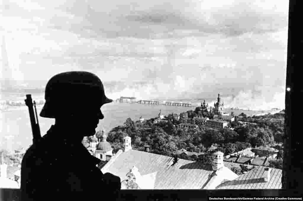 A Nazi sentry in Kyiv on September 19, 1941.&nbsp;In June of that year, after two years of neutrality between Germany and the Soviet Union, Nazi forces launched a surprise attack on the U.S.S.R. Within weeks, Nazi forces had overrun eastern Poland and other Soviet-occupied territories, as well as much of the Ukrainian S.S.R. and other Soviet republics.