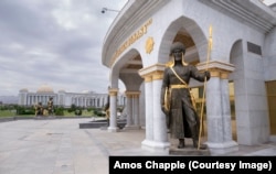 One of the 27 statues of ancient Turkmen warriors and leaders around the Independence Monument in Ashgabat.