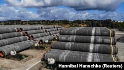 Pipes for the Nord Stream 2 pipeline are stored at a port in Sassnitz, Germany in September 2020.