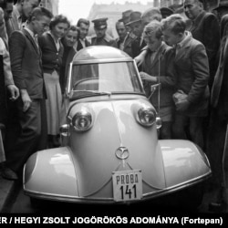 A German-made Messerschmitt Kabinenroller car in Hungary in 1955.