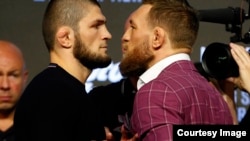 Khabib Nurmagomedov (left) and Conor McGregor face off during a press conference for UFC 229 at Radio City Music Hall in New York late last month. 