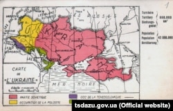 Поштова листівка із зображенням карти України «Carte de L’Ukraine». Червоним кольором позначено територію, яка потрапила до складу СРСР. Ця листівка була видана в Бельгії у 1930-х роках