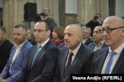 Predstavnici Srba sa Kosova (s desna na levo) Goran Rakić, Milan Radojičić, Igor Simić i Dalibor Jevtić u Beogradu 27. februara 2019.