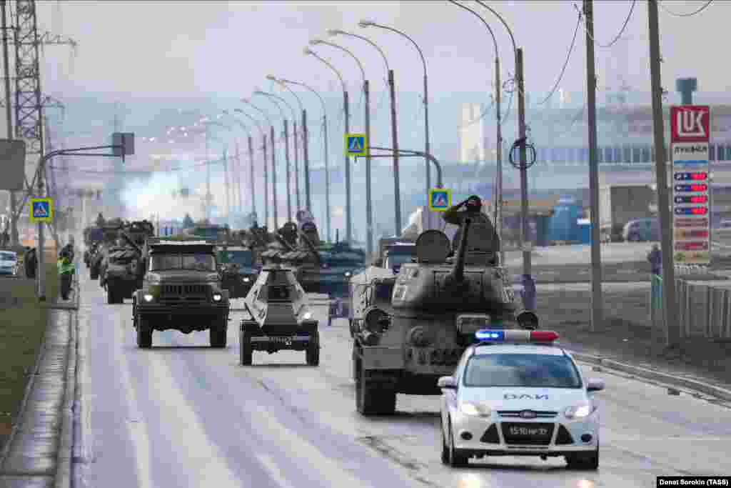 T-34 battle tanks rumble down a Yekaterinburg street during rehearsals for celebrations that will mark the 75th anniversary of the Allied victory in World War II.&nbsp;The event is still set to go ahead on May 9 amid the coronavirus pandemic, but Russian officials have admitted that they may need to reschedule the popular Moscow parade to a later date.