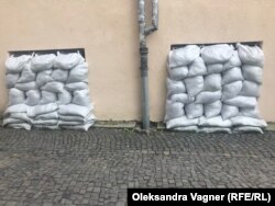 Sandbags in the windows of a government building in Uzhhorod