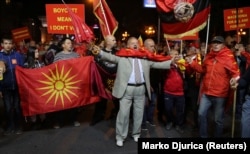 Protesters in favor of boycotting the referendum rallied in Skopje on September 30.