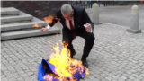 Grzegorz Braun, one of the leaders of "Confederation", tore down and set fire to the EU flag in Katowice. Poland, May 6, 2025