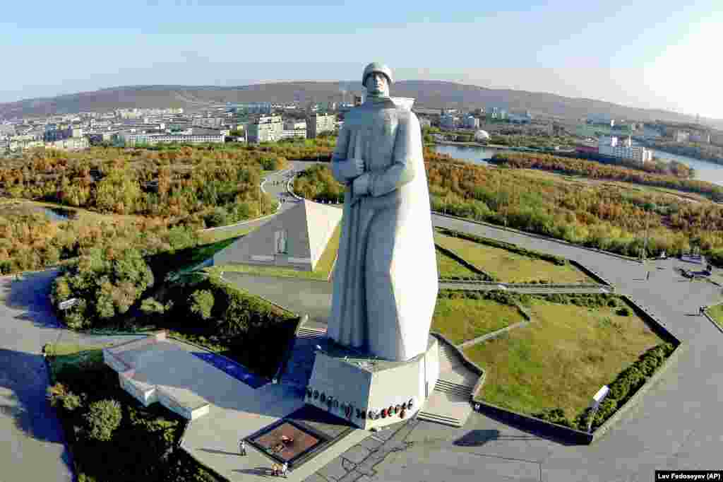 The Monument To Defenders Of The Soviet Arctic in Murmansk, Russia. The 35-meter-high statue of a soldier is commonly called Alyosha by locals. 