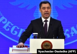 Sadyr Japarov takes the oath of office during his inauguration ceremony in Bishkek on January 28.