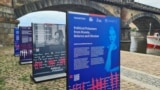 Публічная выстава «Палітычныя вязьні з Расеі, Беларусі і Ўкраіны» у цэнтры Прагі. Стэнды Марыі Калесьнікавай і Вольгі Лойкі.