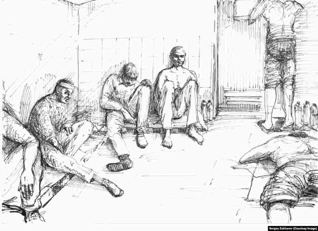 Zakharov was at first held in the dank&nbsp;basement of the State Security Services&nbsp;(SBU) among other prisoners. He said prisoners slept on pieces of cardboard placed on the concrete floor. A female guard with a Russian accent beat them.&nbsp; 