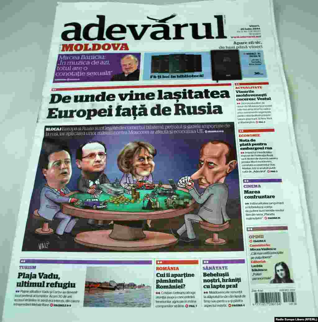Romania's "Adevarul" daily, dated July 25, pictures Vladimir Putin playing poker with European leaders. The headline reads, "Where does Europe's cowardice in the face of Russia come from?" An explanation follows: "Europe and Russia are tied by bilateral trade and oil and gas that are imported from Russia, so if sanctions are imposed on Moscow, they will affect the EU economy."