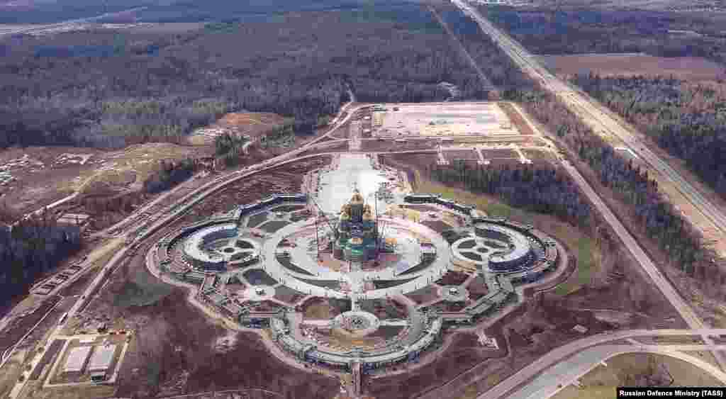An aerial view of work under way on the Resurrection of Christ Cathedral, the main cathedral of the Russian Armed Forces, which is due to be completed in time for the 75th anniversary of the Soviet Union's defeat of Nazi Germany on May 9.