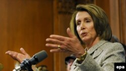 The speaker of the House of Representatives, Nancy Pelosi, speaks at a news conference to discuss the American Recovery and Reinvestment Act, a bill supported by U.S. President Barack Obama to stimulate the economy.