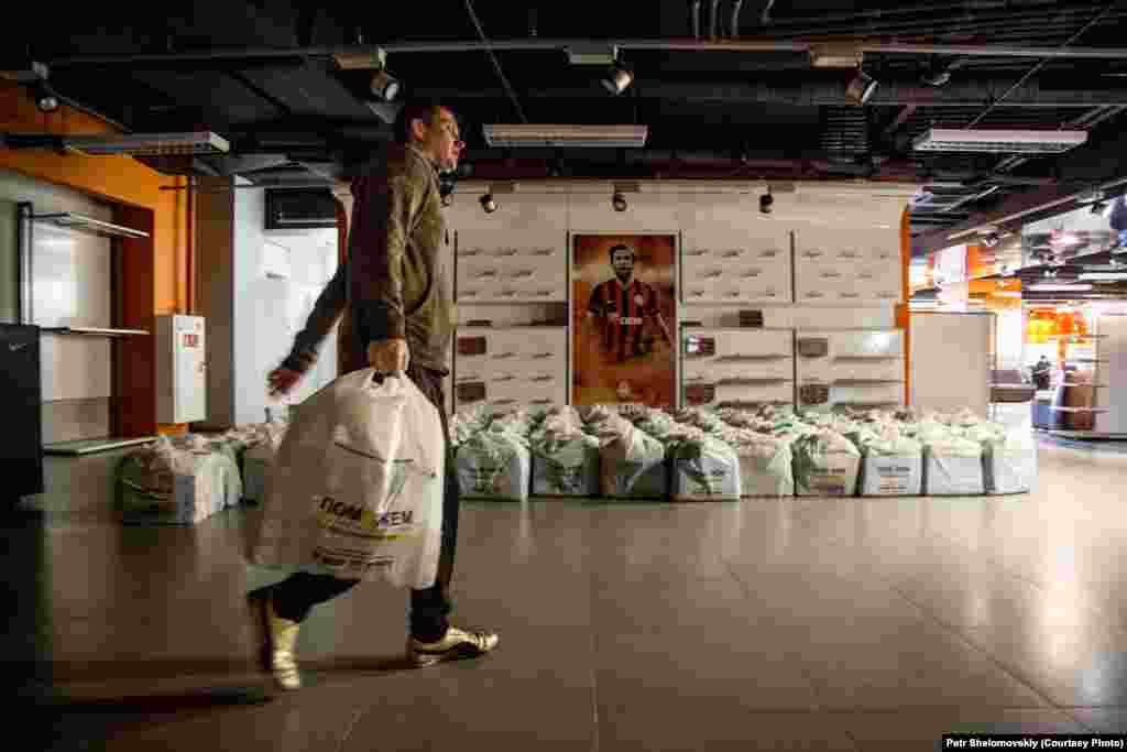 In Donetsk, bags of humanitarian aid are ready to be distributed to mothers with small children.