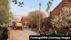 Authorities blocked of the street in Karabulak with armored vehicles and checkpoints manned by masked Interior Ministry police.